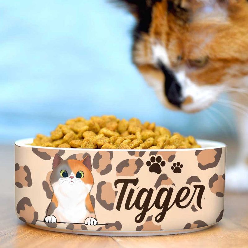 Custom Name Leopard Print Cat Gifts - Personalized Pet Bowl