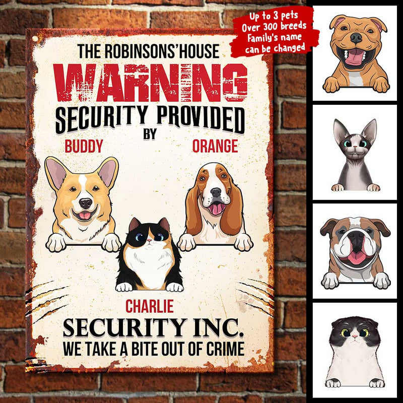 Custom Pet Name Funny Security Sign for Dog and Cat Lovers - Personalized Metal Sign