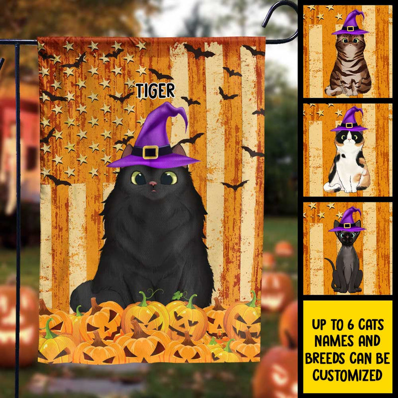 Custom Name Halloween Witch Cat Decor - Personalized Flag
