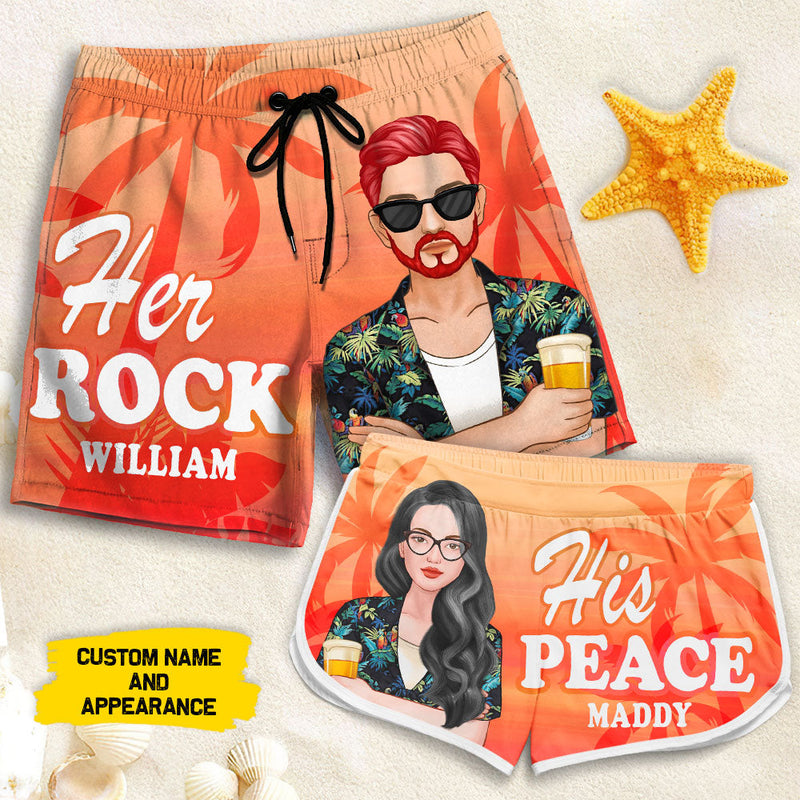 Custom Name His Peace Her Rock Couple Gifts - Personalized Couple Beach Shorts