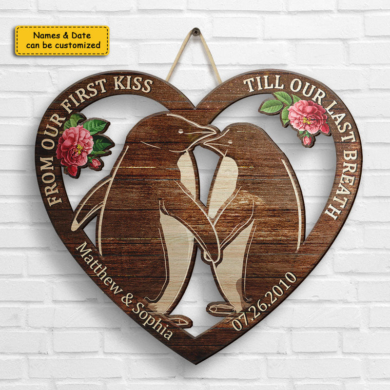 Penguin Couple Our First Kiss - Personalized Shaped Wood Sign - Gift For Couples, Husband Wife