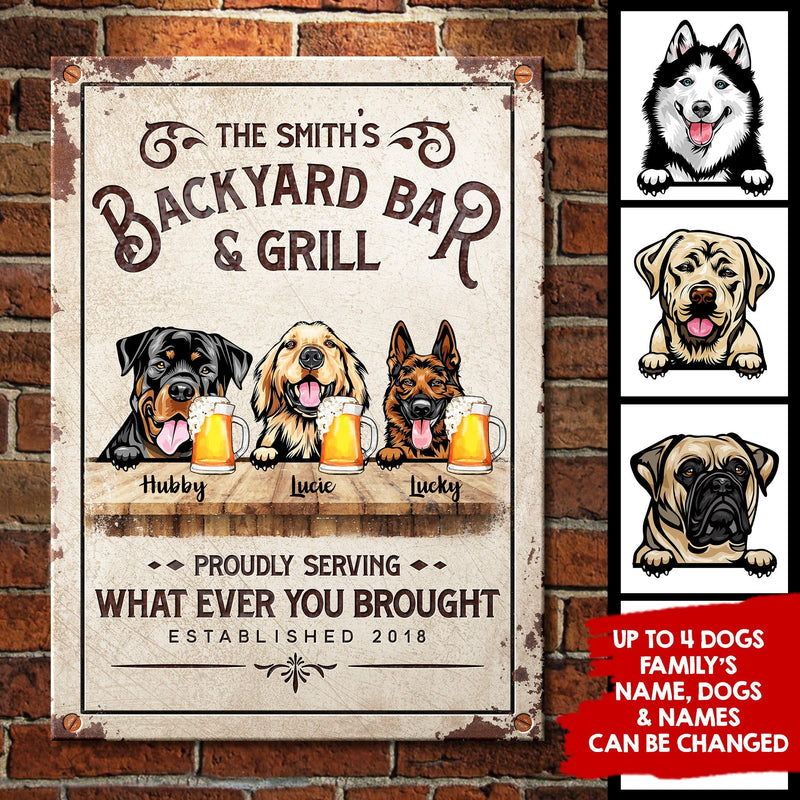 Backyard Bar & Grill - Funny Personalized Dog Metal Sign