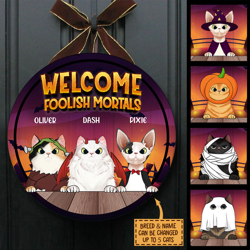 Custom Name Halloween Cat Welcome Decor - Personalized Wood Sign