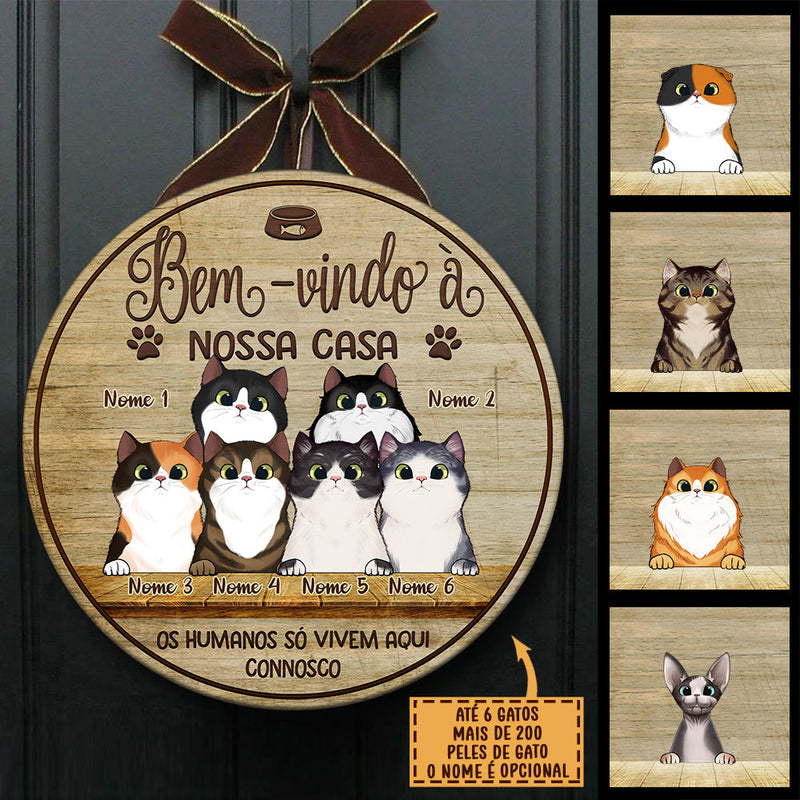 Bem-vindo À Minha Casa - Sinal De Porta De Gato Personalizado E Engraçado, Funny Personalized Cat Door Sign Portuguese