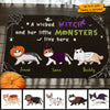 Halloween For Cats - A Wicked Witch And Her Little Monsters Live Here - Personalized Decorative Mat, Halloween Ideas