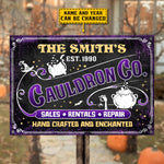 Custom Family Name Witchy Cauldron Halloween Decor - Personalized Metal Sign