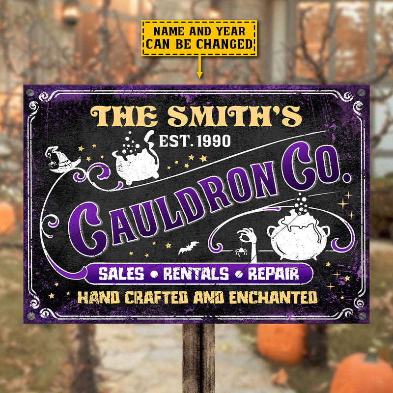 Custom Family Name Witchy Cauldron Halloween Decor - Personalized Metal Sign