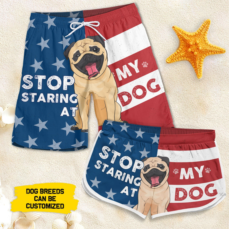 Funny Stop Staring at My Dog Couple Gifts - Couple Beach Shorts