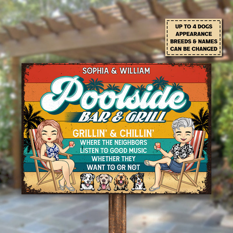 Poolside Grillin' & Chillin' - Personalized Metal Sign - Gift For Couples, Husband Wife