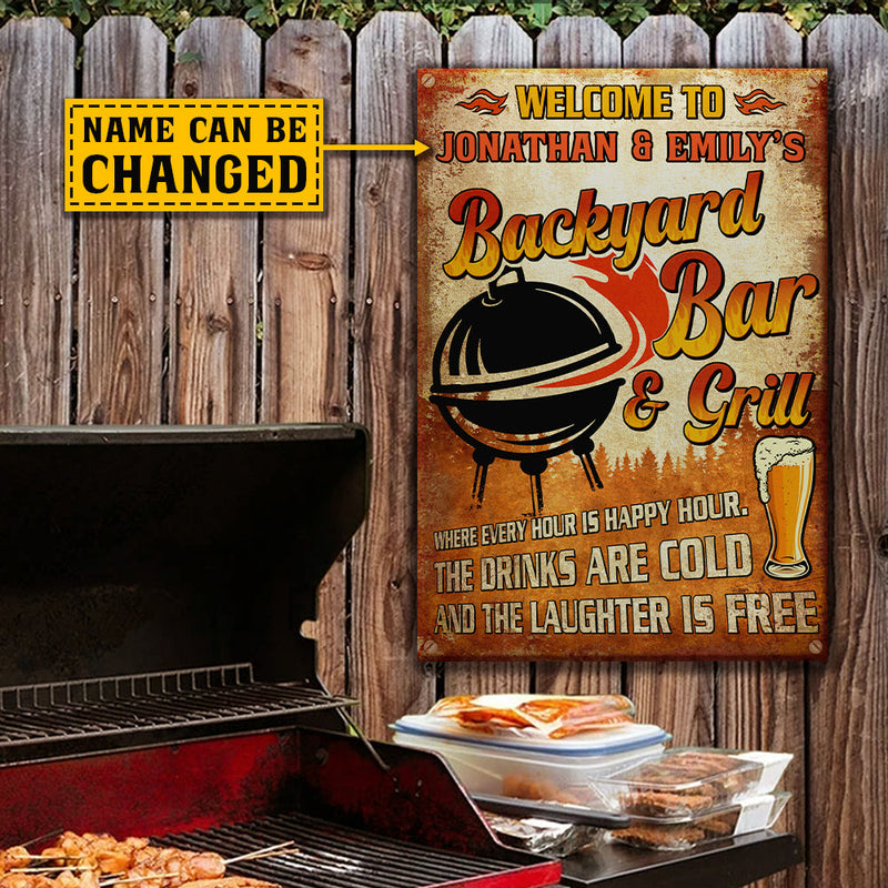 Custom Name Backyard Bar and Grill Decor - Personalized Metal Sign
