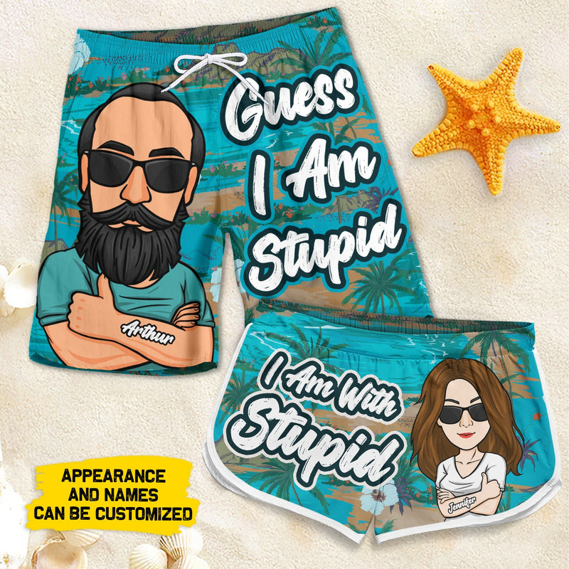I Am With Stupid - Personalized Couple Beach Shorts - Gift For Couples, Husband Wife