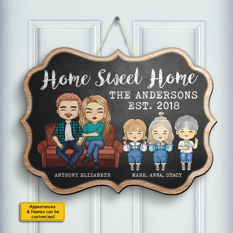 Home Sweet Home Parents & Kids Chalk Board Style - Gift For Couples, Husband Wife, Personalized Shaped Wood Sign