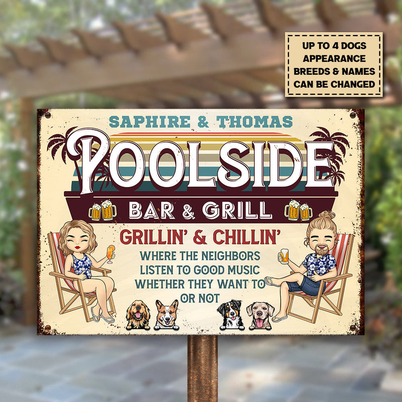 Poolside Bar & Grill - Personalized Metal Sign - Gift For Couples, Husband Wife