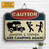 Caution Camping Again - Personalized Shaped Wood Sign - Gift For Camping Lovers