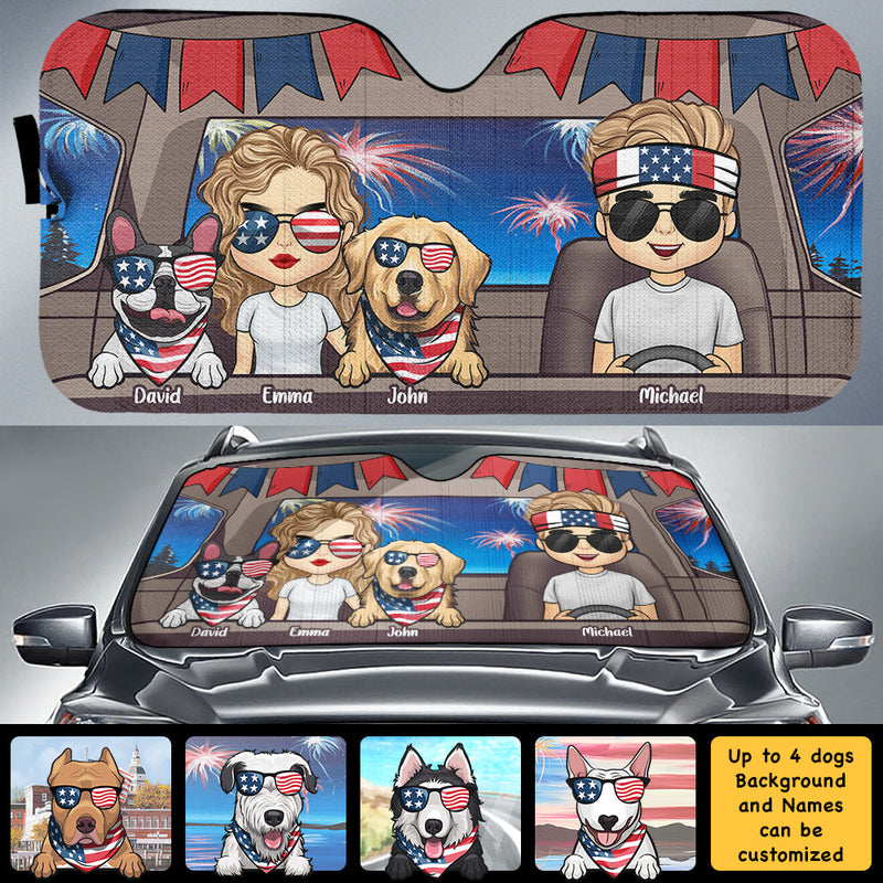 Couple & Dogs 4th July - Personalized Auto Sunshade - Gift For Couples, Husband Wife
