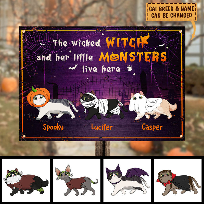 Halloween For Cats - The Wicked Witch And Her Little Monsters Live Here - Personalized Metal Sign, Halloween Ideas