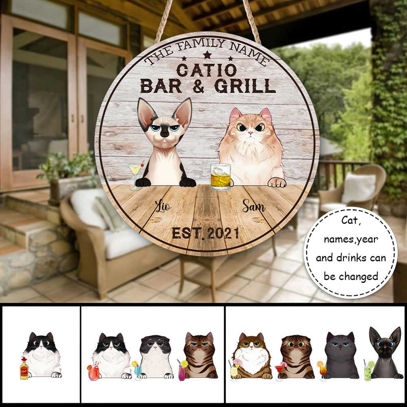 Custom Name Catio Bar & Grill Cat Family Gifts - Personalized Wood Sign