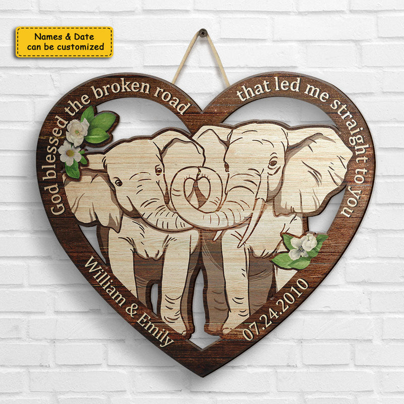 Elephant Couple From Our First Kiss - Personalized Shaped Wood Sign - Gift For Couples, Husband Wife
