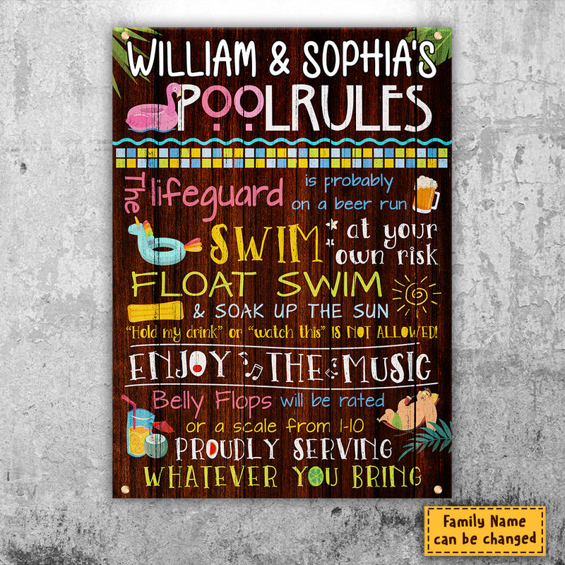 Custom Name Funny Pool Rules Gifts for Pool Owners - Personalized Metal Sign