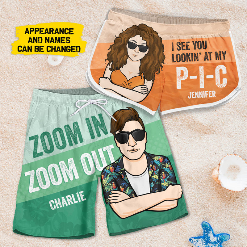 I See You Lookin' At My PIC - Personalized Couple Beach Shorts - Gift For Couples, Husband Wife