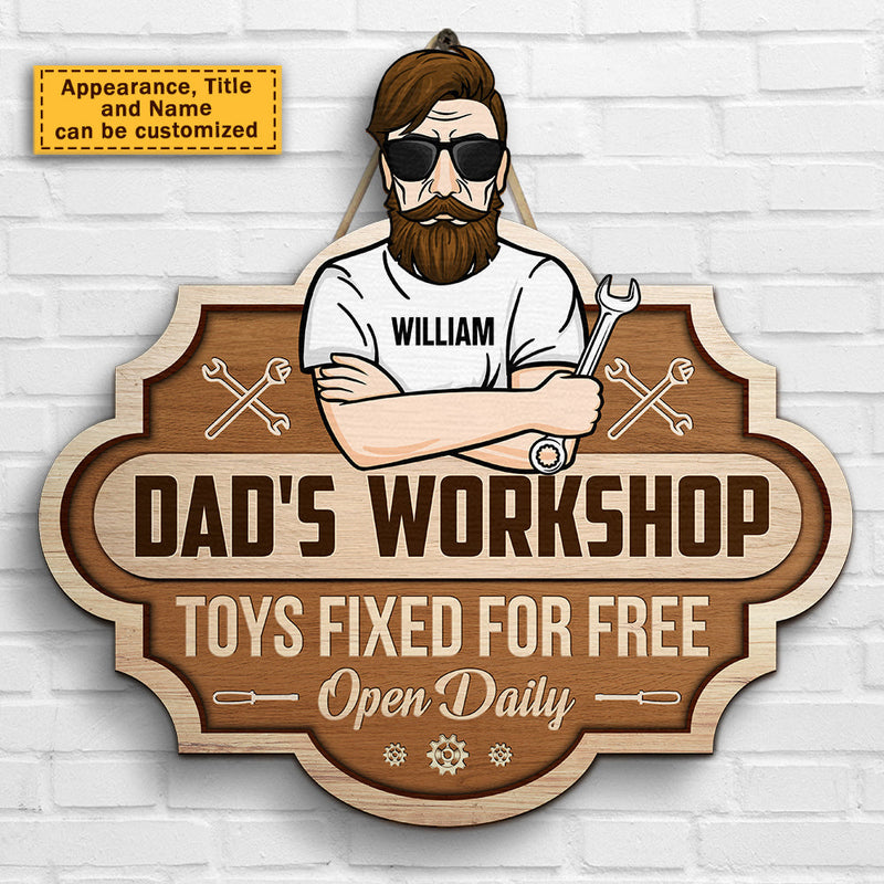 Dad's Workshop, Toys Fixed For Free - Gift For Dad, Grandpa - Personalized Shaped Wood Sign