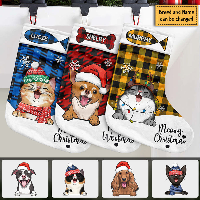 Custom Plaid Pet Character Christmas Decor - Personalized Christmas Stocking