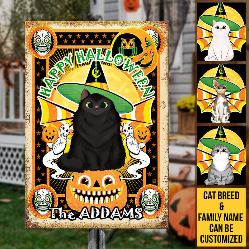 Custom Name Halloween Black Cat Family Decor - Personalized Metal Sign