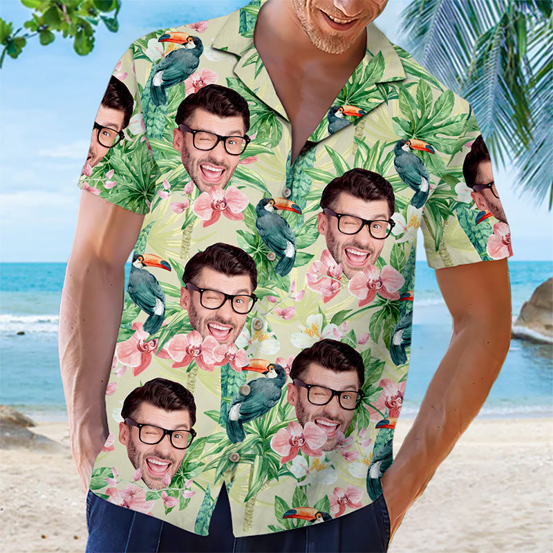 Custom Photo Tropical Bird Flower Pattern - Couple Personalized Custom Unisex Tropical Hawaiian Aloha Shirt - Summer Vacation Gift, Gift For Husband Wife