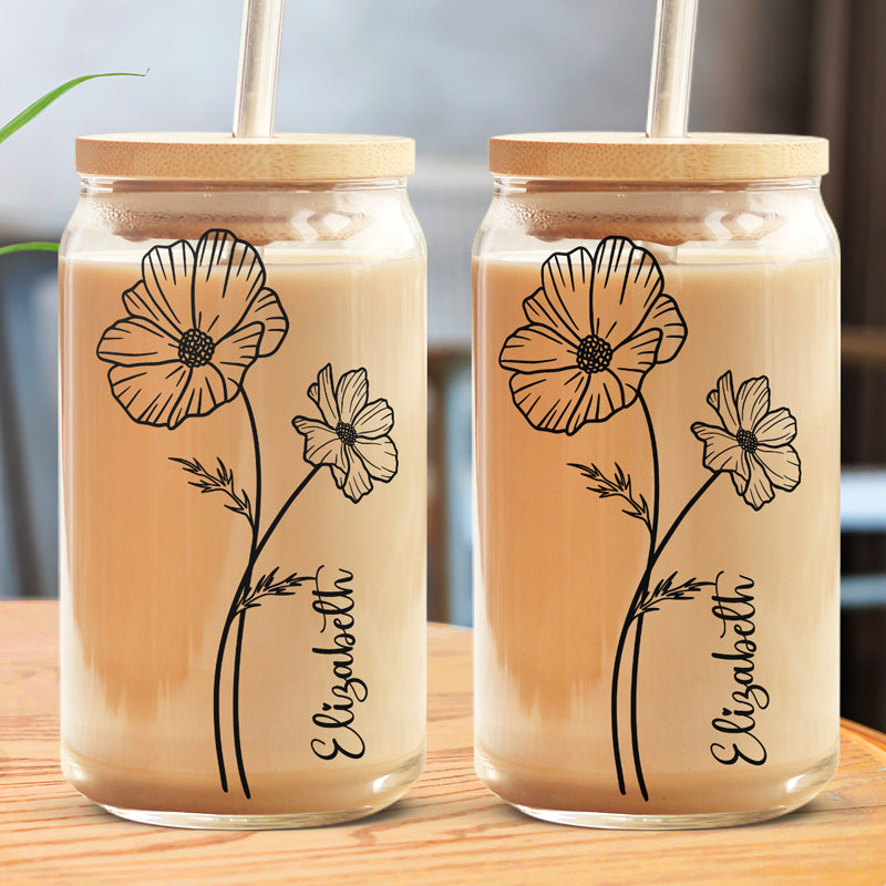 Custom Name Floral Drinkware Gift - Personalized Glass Cup