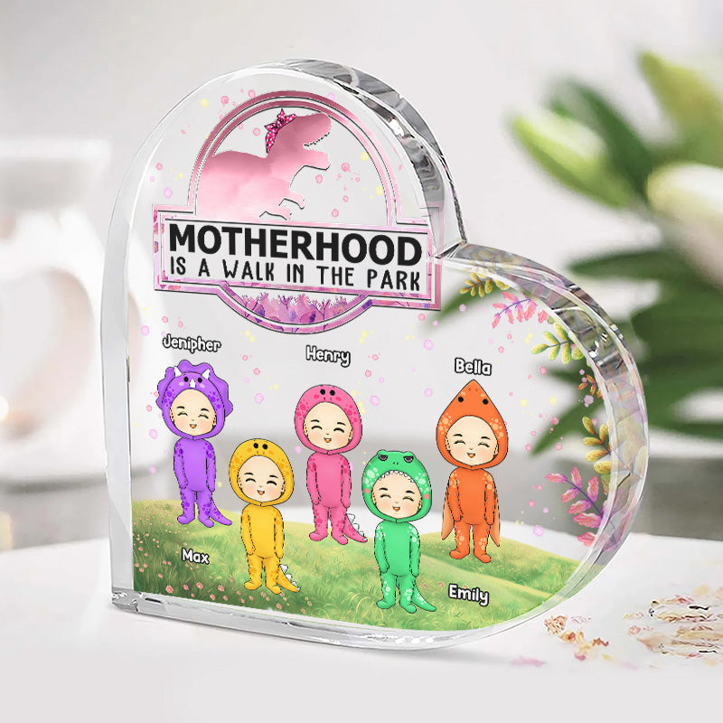 Motherhood Is A Walk In The Park - Family Personalized Custom Heart Shaped Acrylic Plaque - Birthday Gift For Mom