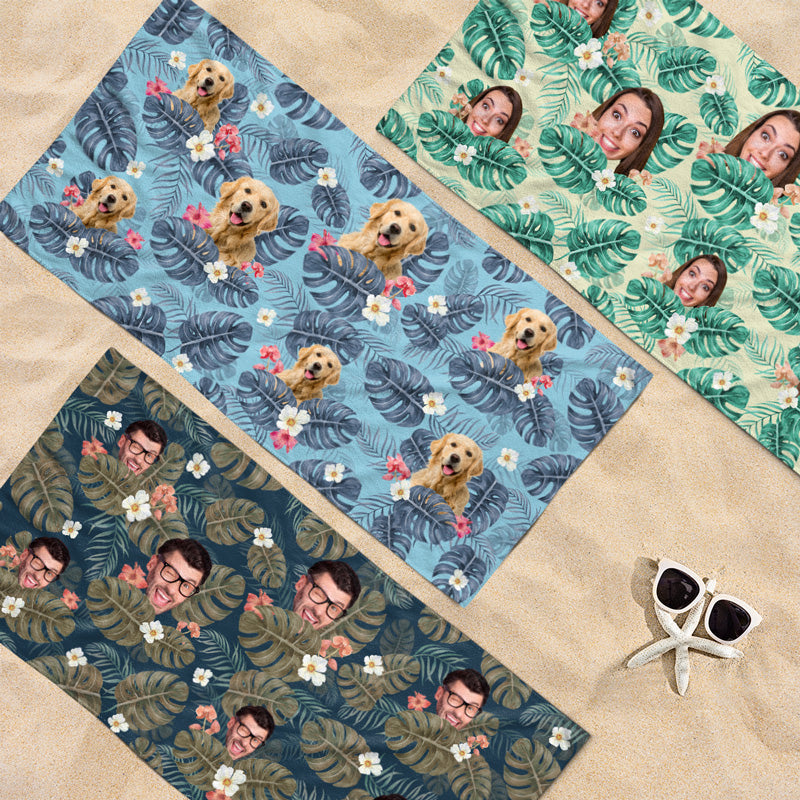 Custom Photo Feel The Aloha Spirit - Family Personalized Face Custom Beach Towel - Summer Vacation Gift, Gift For Family Members, Pet Owners, Pet Lovers