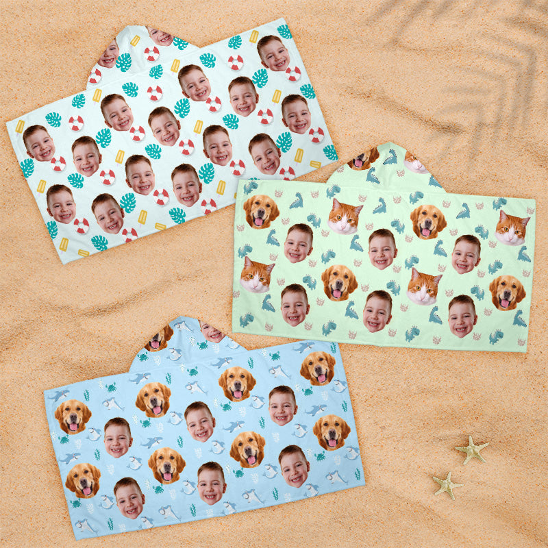Custom Photo Happiness Comes In Waves - Family Personalized Custom Kid Hooded Beach Towel - Gift For Kids, Family Members