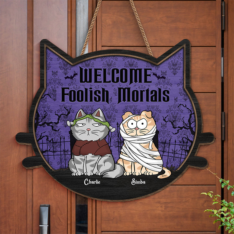 Custom Pet Name Halloween Welcome Gifts for Cat Lovers - Personalized Wood Sign