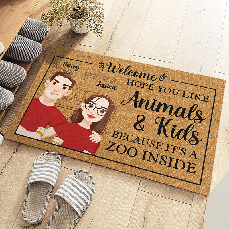 Hope You Like Animals & Kids Because It's A Zoo Inside - Couple Personalized Custom Decorative Mat - Gift For Husband Wife, Anniversary
