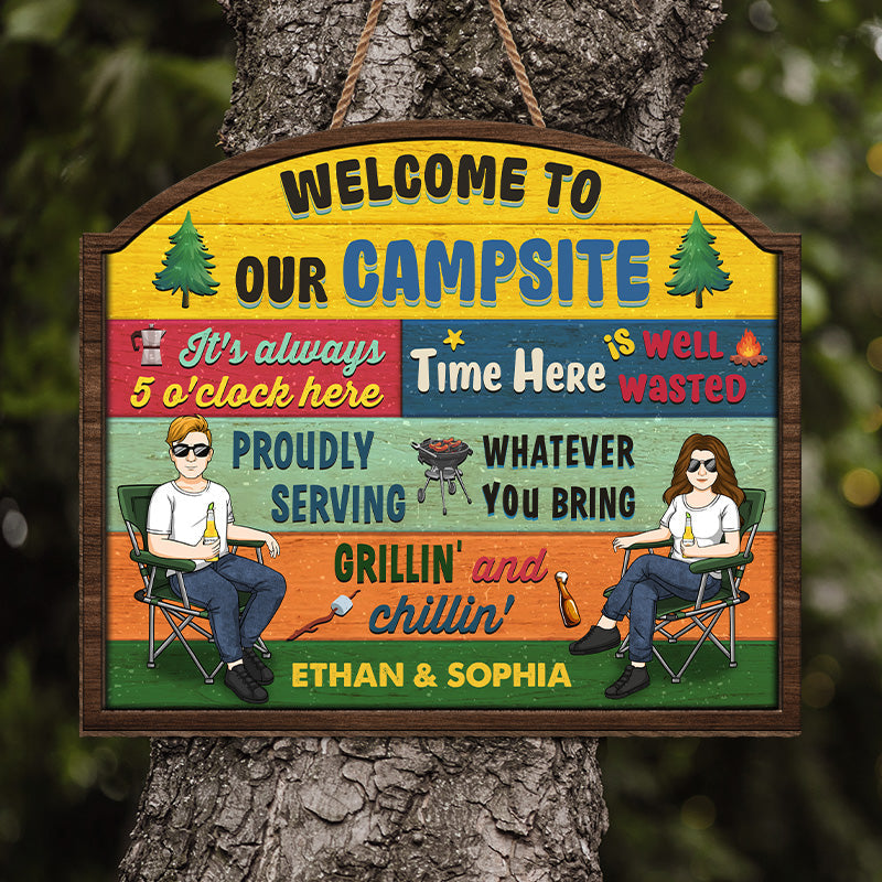 Custom Name Campsite Camping Gifts for Couples - Personalized Wood Sign