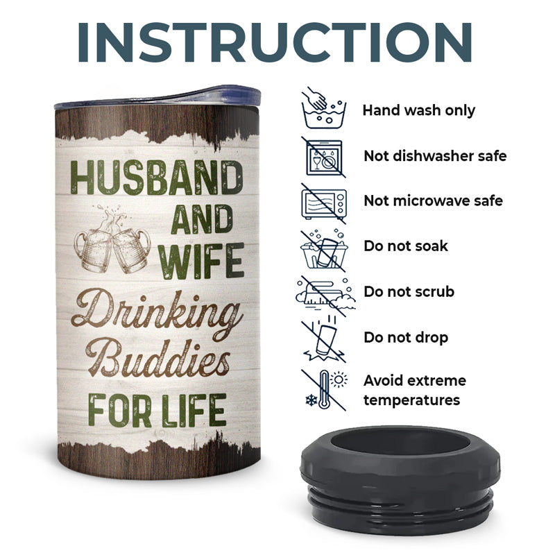 Husband And Wife Drinking Buddies For Life - Camping Personalized Custom 4 In 1 Can Cooler Tumbler - Gift For Husband Wife, Camping Lovers