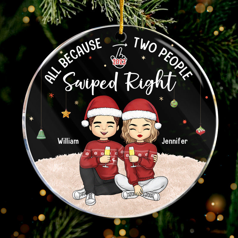 Thanks For Swiping Right - Couple Personalized Custom Ornament - Acrylic Round Shaped - Christmas Gift For Husband Wife, Anniversary