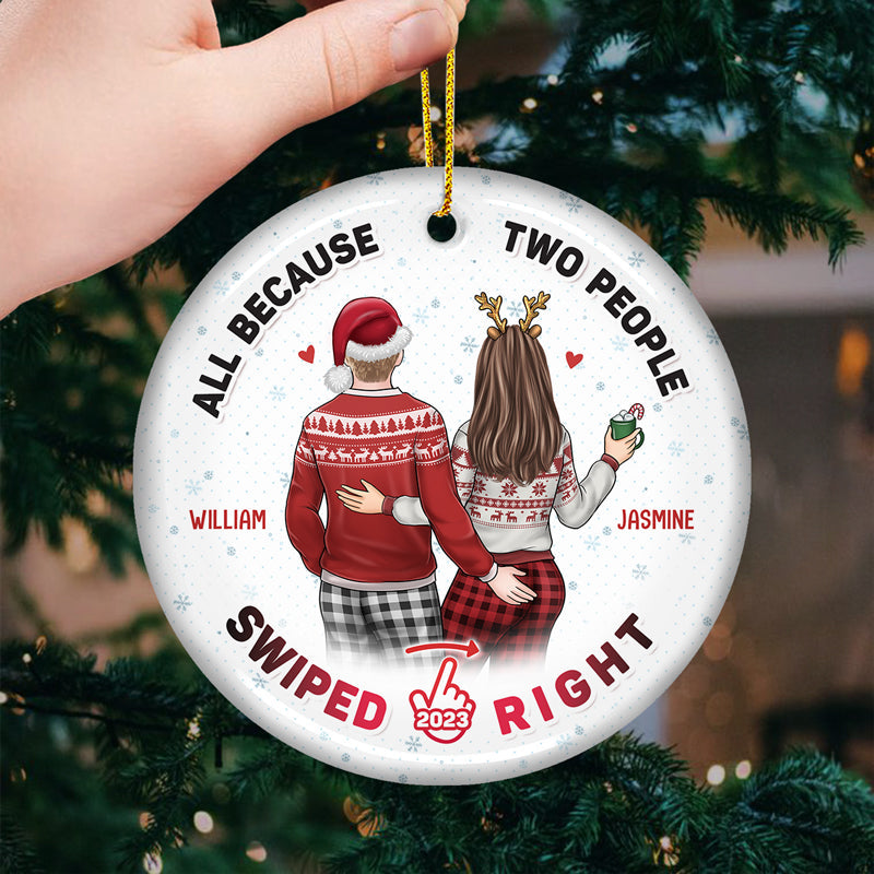 Custom Name Swiped Right Couple Christmas Gifts - Personalized Ceramic Ornament