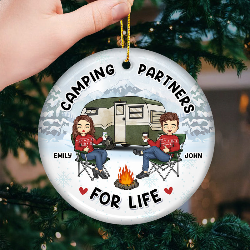 The Campfire Is Our Happy Place - Couple Personalized Custom Ornament - Ceramic Round Shaped - Christmas Gift For Husband Wife, Anniversary, Camping Lovers