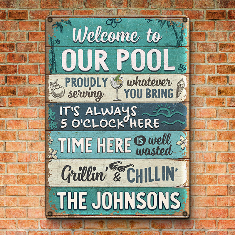 Custom Welcome to Our Pool Backyard Decor - Personalized Metal Sign