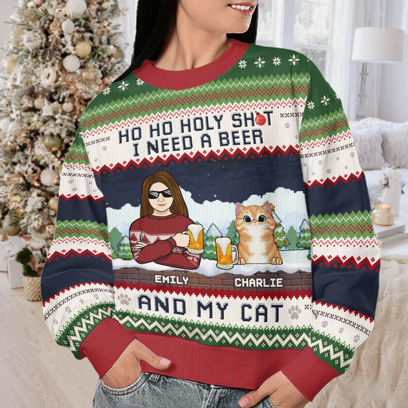 Custom Name Funny Christmas Beer and Cat Gifts for Men - Personalized Sweatshirt