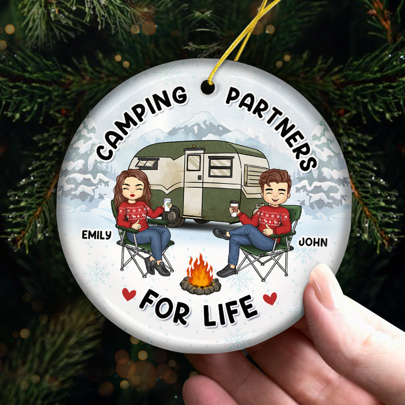 The Campfire Is Our Happy Place - Couple Personalized Custom Ornament - Ceramic Round Shaped - Christmas Gift For Husband Wife, Anniversary, Camping Lovers