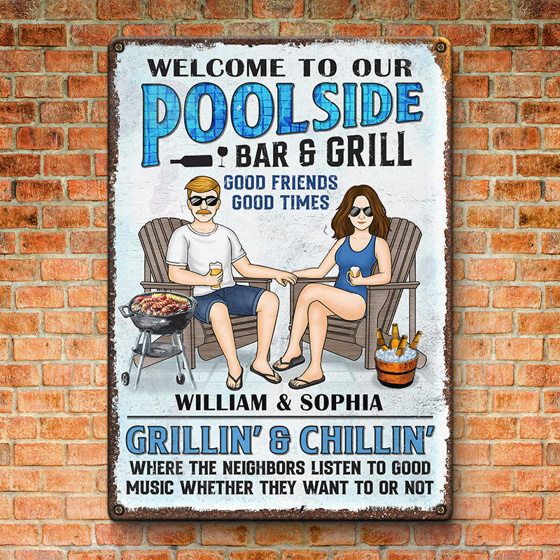 Custom Name Poolside Bar & Grill Decor - Personalized Metal Sign
