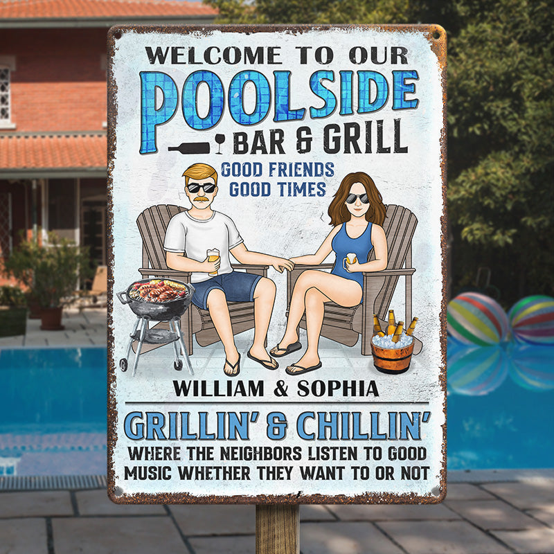 Custom Name Poolside Bar & Grill Decor - Personalized Metal Sign