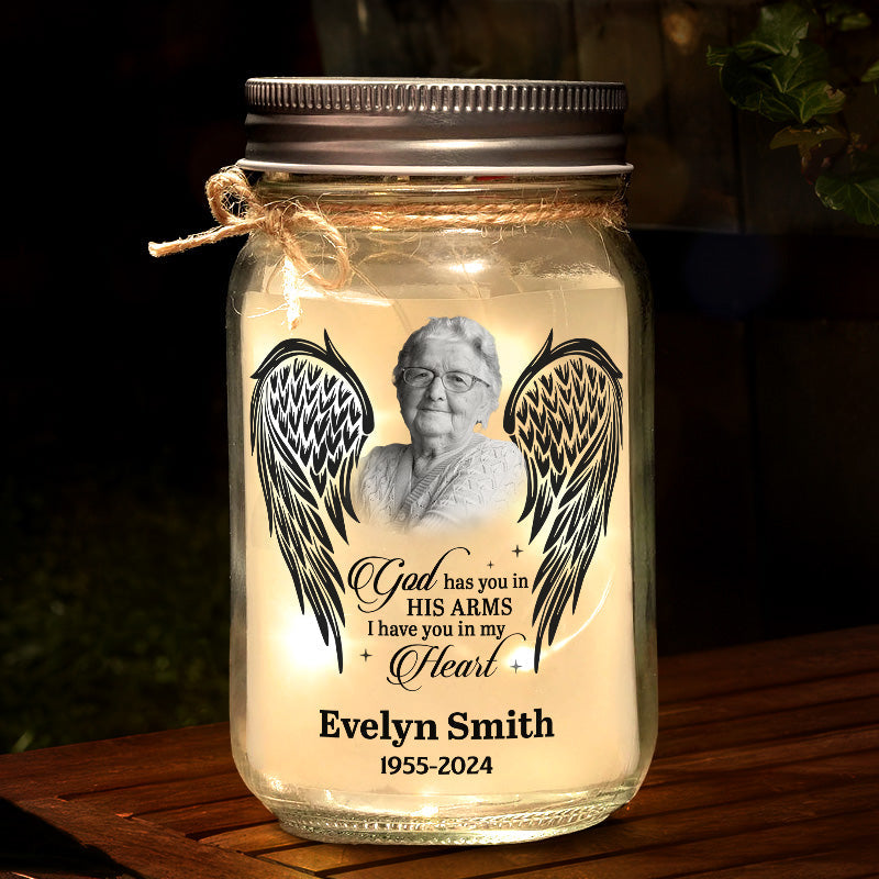 Custom Photo God Has You In His Arms - Memorial Personalized Custom Mason Jar Light - Sympathy Gift For Family Members