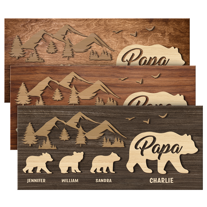 Custom Name Bear Family Mountain Gifts for Papa - Personalized Wood Sign