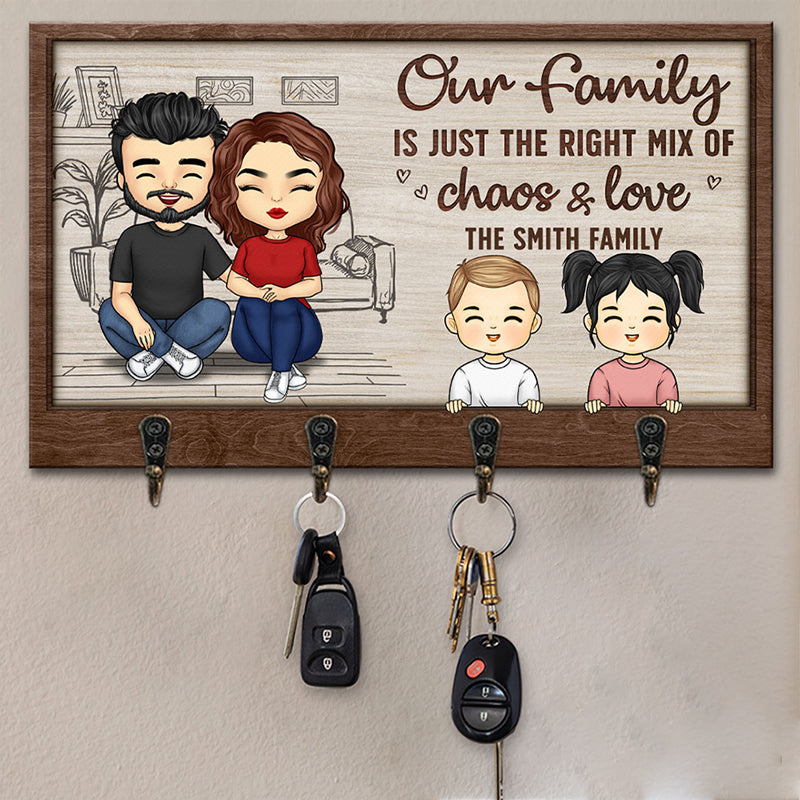Our Family Is Just The Right Mix Of Chaos & Love - Family Personalized Custom Shaped Key Hanger, Key Holder - Gift For Family Members