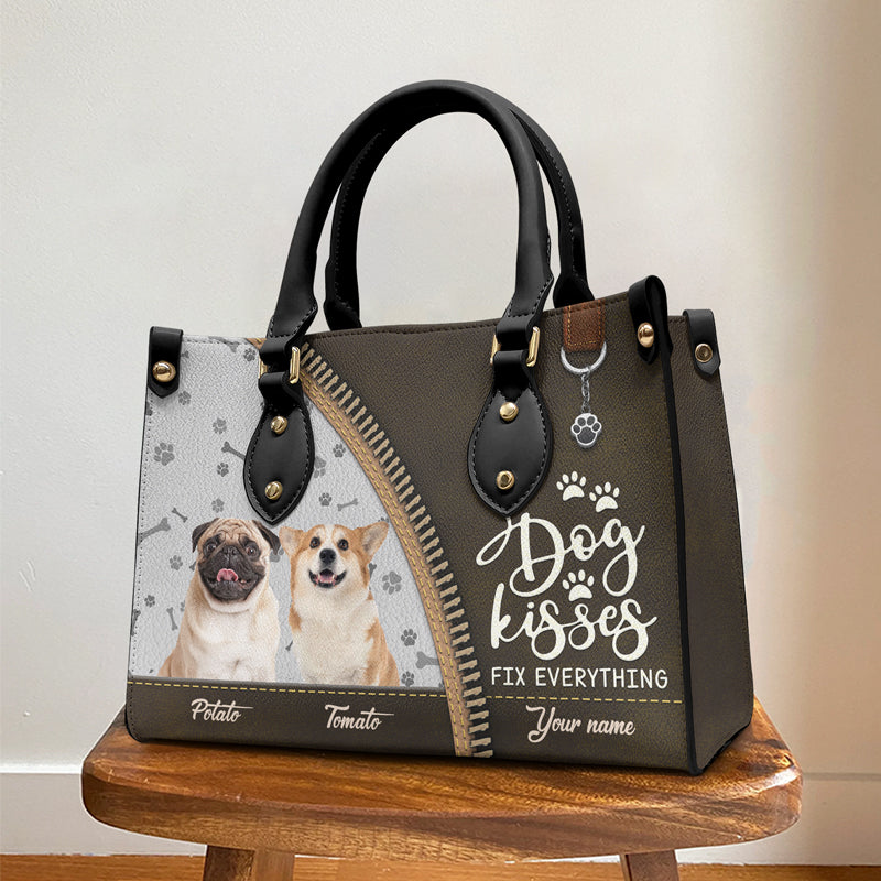 Custom Photo Dog Kisses Fix Everything Gifts for Dog Moms - Personalized Leather Handbag
