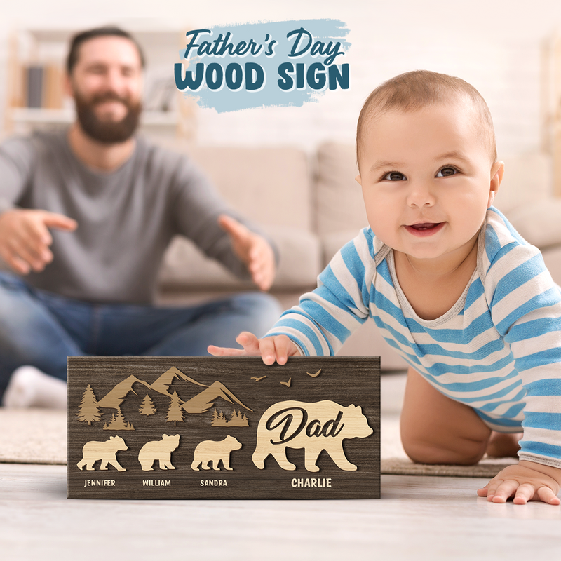 Follow Papa Bear - Family Personalized Custom Rectangle Shaped Home Decor Wood Sign - House Warming Gift For Dad