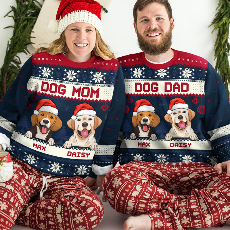 Dog Mom Dog Dad - Personalized Custom Unisex Ugly Christmas Sweatshirt, Wool Sweatshirt, All-Over-Print Sweatshirt - Gift For Dog Lovers, Pet Lovers, Christmas New Arrival Gift